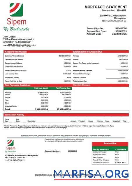 Realistic Madagascar SIPEM Banque mortgage statement Word and PDF template